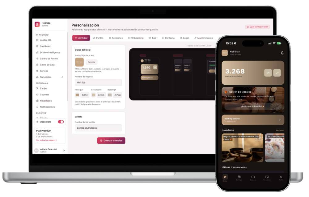 App de Holi Spa en el teléfono y su backoffice de Personalización en la laptop, con la marca de Holi Spa